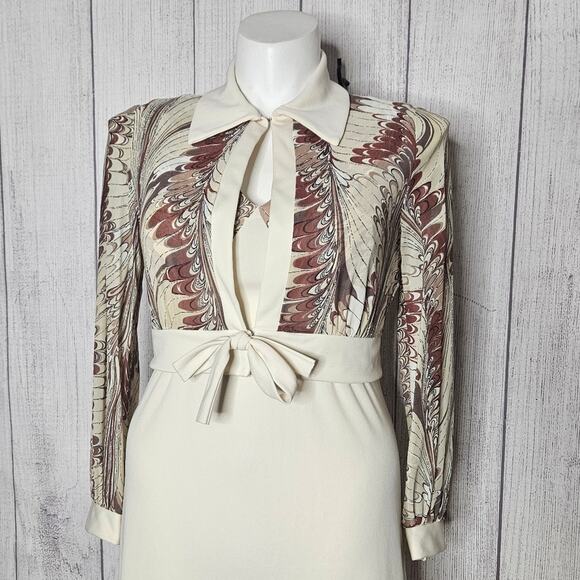 VTG 60s 70s Two Piece Earth Tone Marbled & Cream Maxi Dress & Jacket - Picture 2 of 9